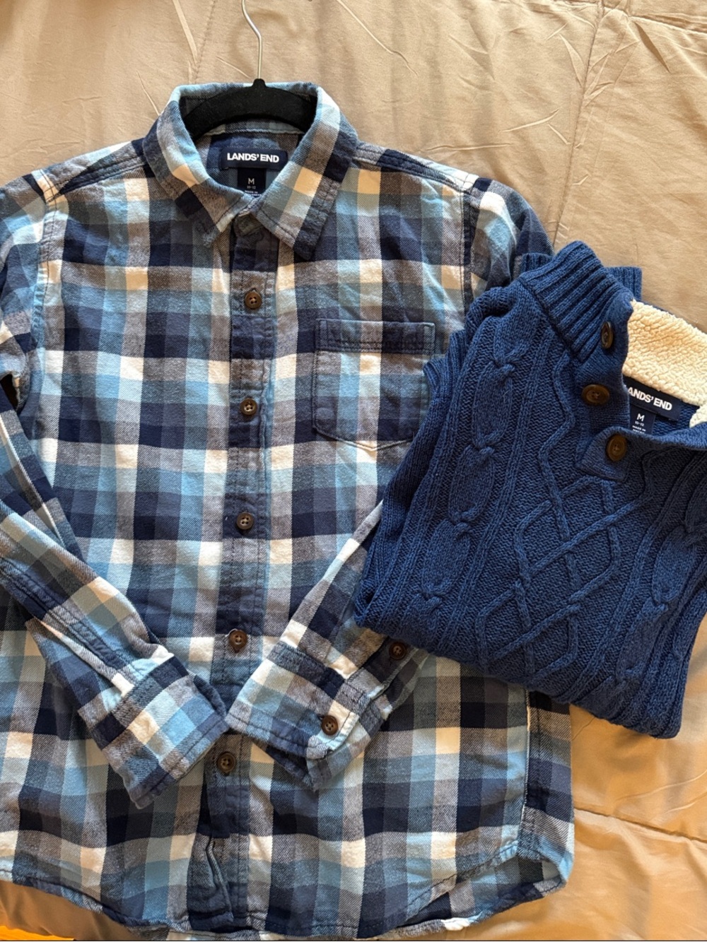 Lands' End Boy’s M Blue and White Plaid Button-Down Shirt and Sweater Set